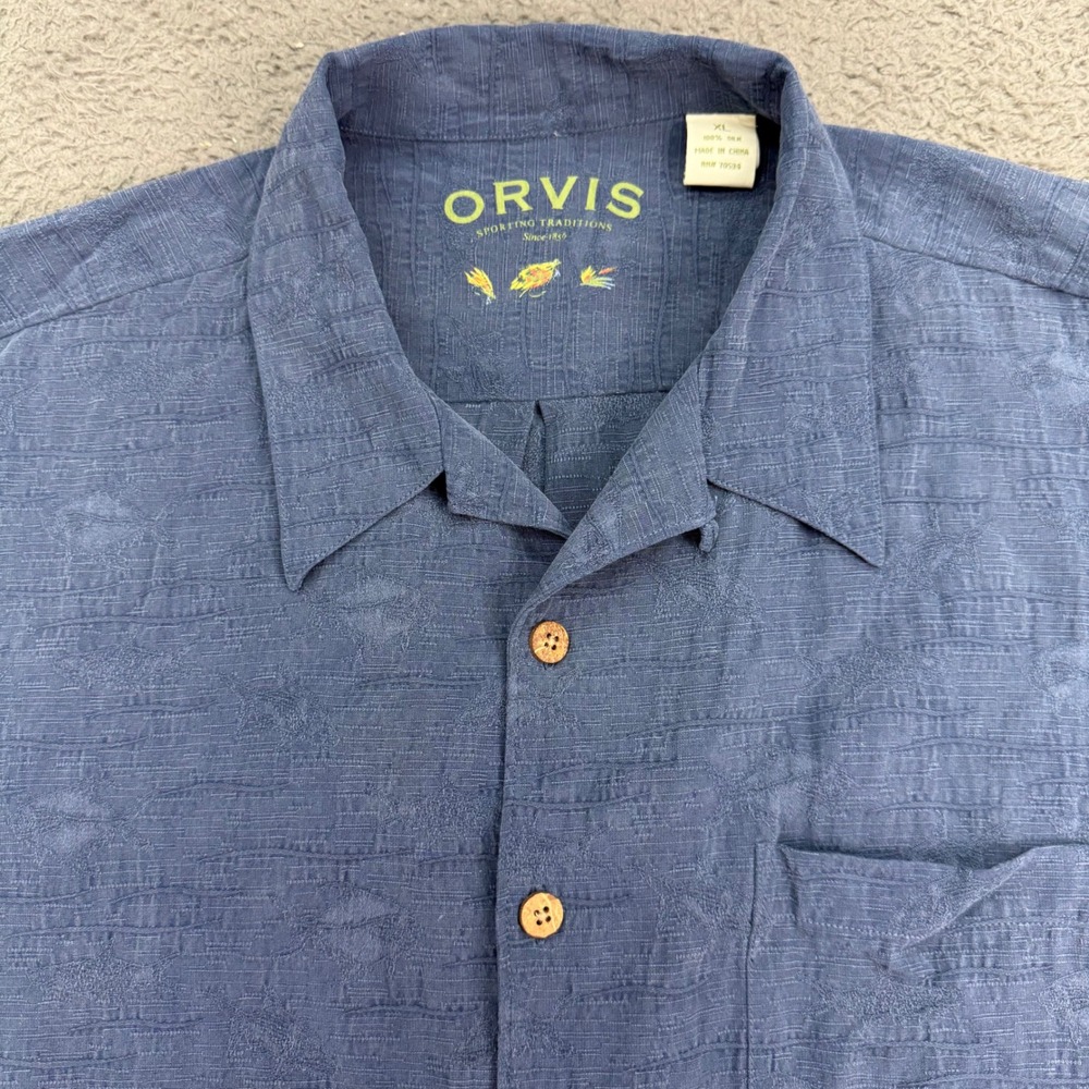 Orvis Button Down Shirt Mens XL Blue 100% Silk Jacquard Fish Short Sleeve Camp